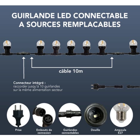 Guirlande Guinguette LED 10m, 10 ampoules remplaçables, E27, 150W, 85 lumens, IP65, 2700K Blanc-chaud, connectable - Tibelec