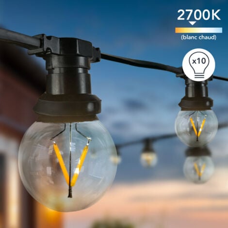 Guirlande Guinguette LED 10m, 10 ampoules remplaçables, E27, 150W, 85 lumens, IP65, 2700K Blanc-chaud, connectable - Tibelec