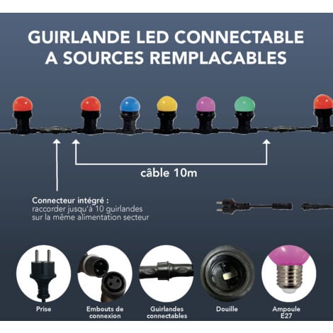 Guirlande Guinguette LED 10m, 10 ampoules, multicouleurs remplaçables E27, 150W, 300 lumens, IP65, connectable - Tibelec