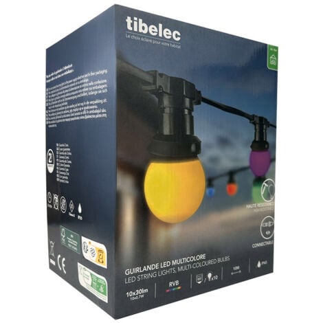 Guirlande Guinguette LED 10m, 10 ampoules, multicouleurs remplaçables E27, 150W, 300 lumens, IP65, connectable - Tibelec