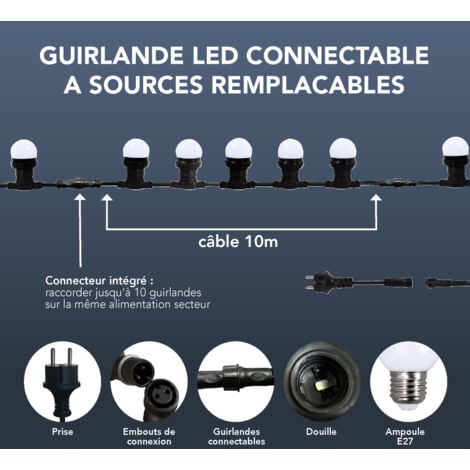 Guirlande Guinguette LED Tibelec 10M - 10 Lampes Blanches 0,8W E27, Résistante à l'Eau et à la Poussière, Connectable pour Ambiance Festive- TIBELEC