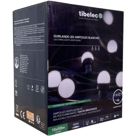 Guirlande Guinguette LED Tibelec 10M - 10 Lampes Blanches 0,8W E27, Résistante à l'Eau et à la Poussière, Connectable pour Ambiance Festive- TIBELEC
