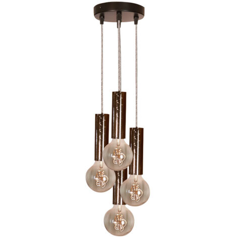 Kit de Suspension plafonnier noir, 3 câbles tissu gris chiné long. 3m, 5 douilles E27 noires effet matelassé - Tibelec (1/5)