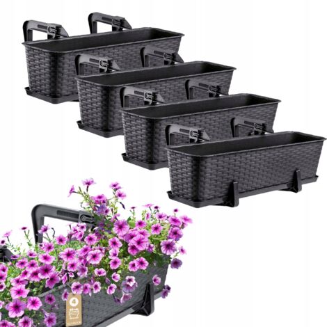 Kadax – Balconnière pot de fleurs 60 cm en plastique rotin – Résistante aux UV – Système de drainage inclus – Lot de 4 supports
