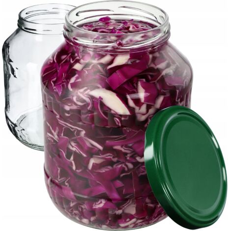 KADAX Weck Lot de 2 bocaux en verre à insérer, 1,7 l, fi89 mm, pour conserve, concombre, ronds, avec couvercle à visser (couvercles verts) (1/5)