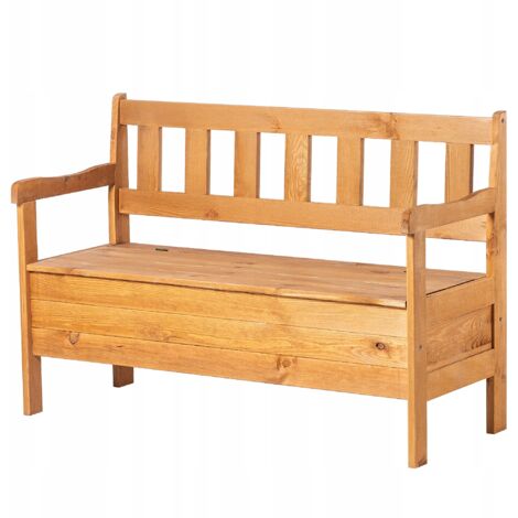 Kadax – Banc de jardin en bois de pin naturel 120cm – Dossier et coffre de rangement – Pour terrasses et balcons – Dimensions 120x47x81,5cm