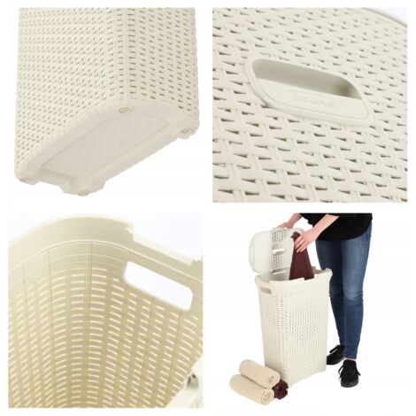 Coffre à Linge CURVER 40L - Aspect Rotin Ivoire - Design Géométrique - 100% Recyclé - 44,7x26,5x61,5 Cm
