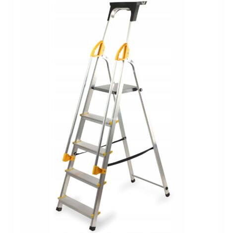 Kadax – Échelle de ménage aluminium 5 marches – Charge max 150 kg – Mains courantes ergonomiques – Dimensions dépliée 45 x 87 x 162 cm (1/5)