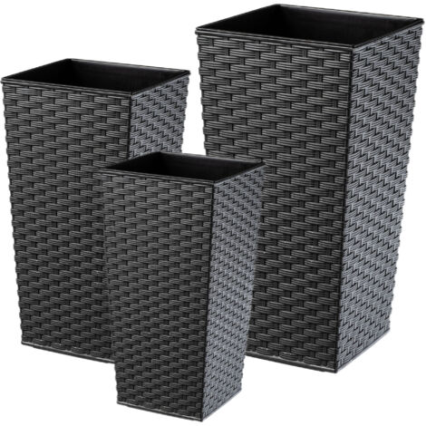 Kadax – Lot de 3 pots de fleurs en plastique rotin graphite – Résistants aux intempéries – Pour intérieur et extérieur – Dimensions 36/46,5/57 cm - K4554