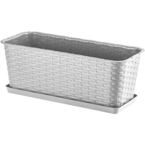KADAX Jardinière Rectangulaire 40 cm, Balconnière en Plastique Aspect Rotin avec Soucoupe pour Embellir Votre Espace Extérieur (Gris) (1/5)