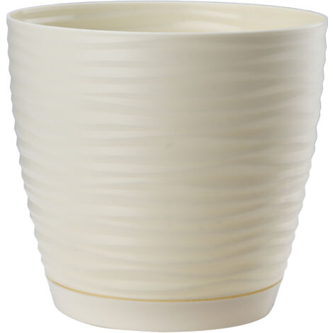 KADAX Pot de Fleurs en Plastique avec Soucoupe, Cache-Pot Moderne Ornée d'un Élégant Motif Ondulé pour Une Décoration Florale (Ronde, Crème, 13 cm) (1/5)
