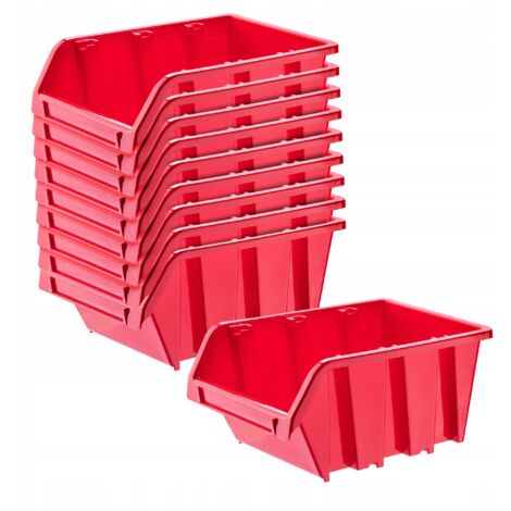 KADAX Boîtes de Rangement Murales, Boîtes Empilables en Plastique pour Organiser Vos Outils, Bacs à Bec pour Garage (Lot de 10 : Rouge, 230 x 160 mm) (1/5)