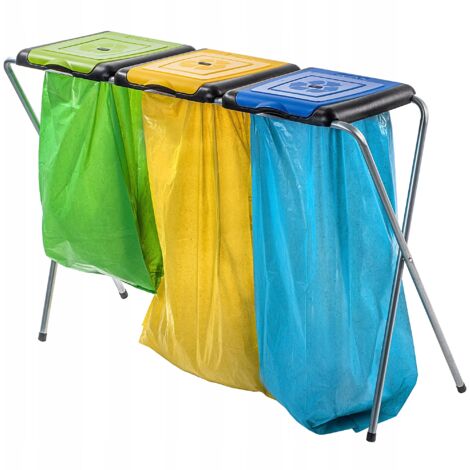 KADAX Porte-Sacs Poubelle pour Intérieur et Extérieur, Support Pratique et Efficace pour les Sacs de Recyclage (Triple: Vert, Jaune, Bleu)