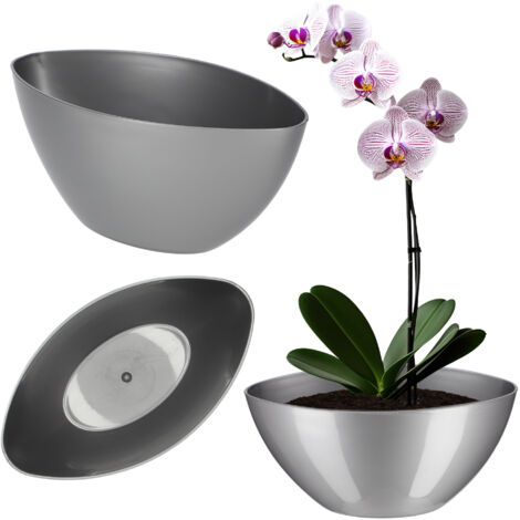 Kadax - Pot de fleurs en plastique - De forme ovale - 30 x 14 cm - Design moderne - Idéal pour la décoration d'intérieur et balcon - Argenté (1/5)