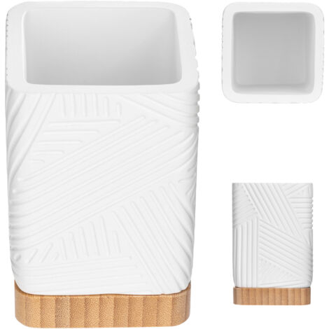 KADAX Tasse de salle de bain pour conteneur de brosses à dents Organisateur blanc avec carré en bambou (1/5)