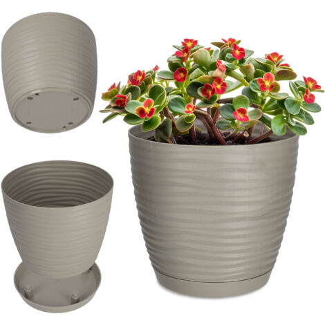 KADAX Pot de Fleurs en Plastique avec Soucoupe, Cache-Pot Moderne Ornée d'un Élégant Motif Ondulé pour Une Décoration Florale (Ronde, Gris, 13 cm) (1/5)