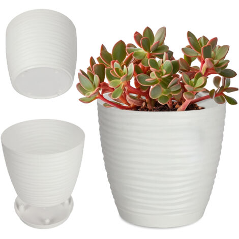 KADAX Pot de Fleurs en Plastique avec Soucoupe, Cache-Pot Moderne Ornée d'un Élégant Motif Ondulé pour Une Décoration Florale (Ronde, Blanc, 17 cm)