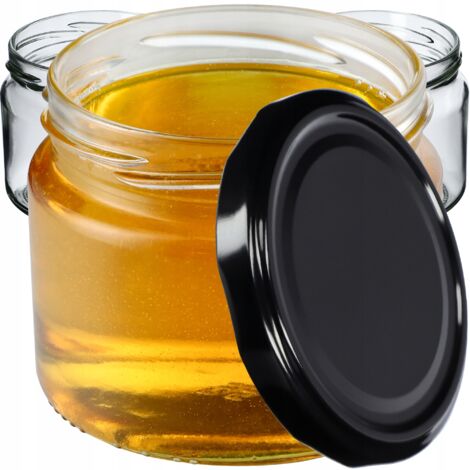 KADAX Lot de 10 bocaux à confiture avec couvercle à visser 330 ml - Pour confitures, confitures, miel, bocaux avec bouchon à vis - Noir/noir (1/5)