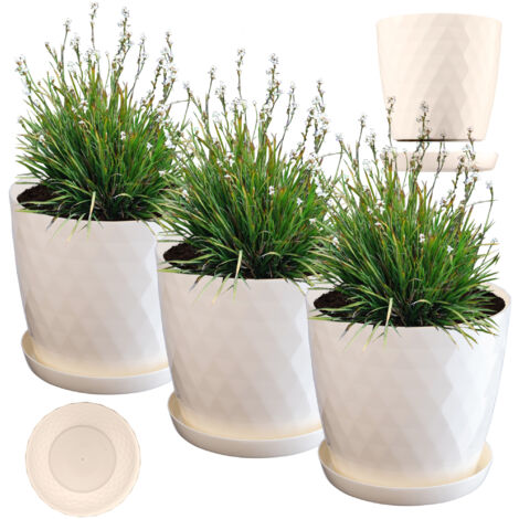 KADAX Pot de Fleurs en Plastique avec Soucoupe, Pot de Plante pour Une Décoration Florale Moderne dans l'espace Interieur (Lot de 3 : Crème, 16 cm) (1/5)