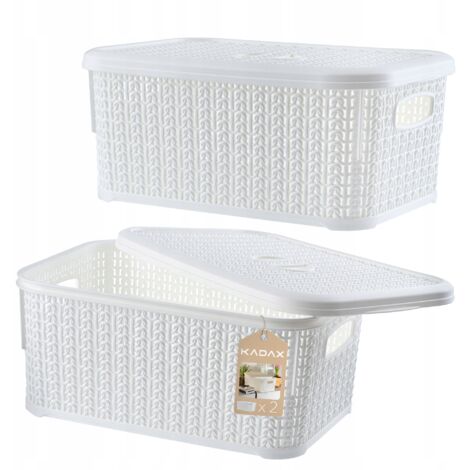KADAX Lot de 2 paniers de rangement rectangulaires en plastique avec couvercle - 6 l - Pour salle de bain, cuisine, chambre d'enfant - Blanc (1/5)