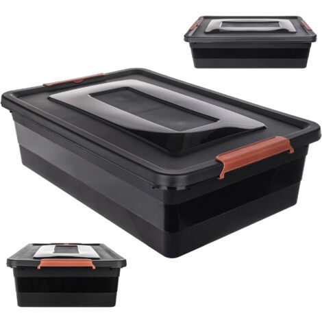 KADAX Boîte de rangement avec couvercle, boîte à jouets, boîte de rangement en plastique robuste avec fermeture à clic, noir, 28 l