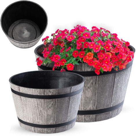 KADAX Pot de Fleurs en Plastique pour l'Intérieur et l'Extérieur, Grand Cache Pot avec Imitation Bois (Gris Clair, Lot de 2: 30 et 40 cm) (1/5)