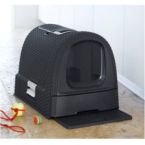 Curver – Bac à litière pour chat 51 x 38,5 x 39,5 cm – Plastique recyclé – Design fermé avec tiroir et filtre à odeur – Anthracite