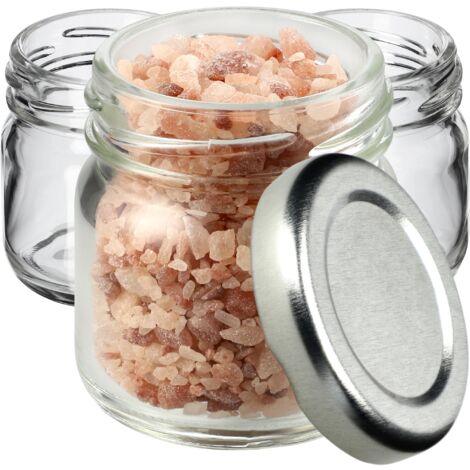 KADAX Lot de 10 mini bocaux en verre Weck, 40 ml, ronds, avec couvercle à visser, pour dégustation, confiture, miel, couvercles argentés (1/5)