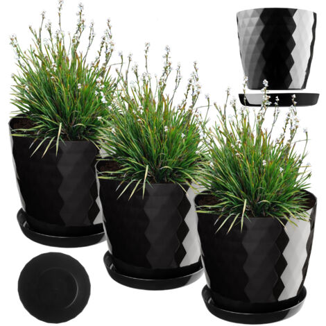 KADAX Pot de Fleurs en Plastique avec Soucoupe, Pot de Plante pour Une Décoration Florale Moderne dans l'espace Interieur (Lot de 3 : Noir, 18 cm) (1/5)