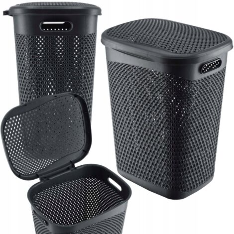 KADAX Panier à linge en plastique léger - Panier à linge en plastique - Perméable à l'air - Avec couvercle - Gris (1/5)