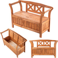 Kadax – Banc de jardin en bois de pin naturel 119x43x75cm – Dossier confortable – Espace de rangement sous le siège – Pour terrasses et balcons