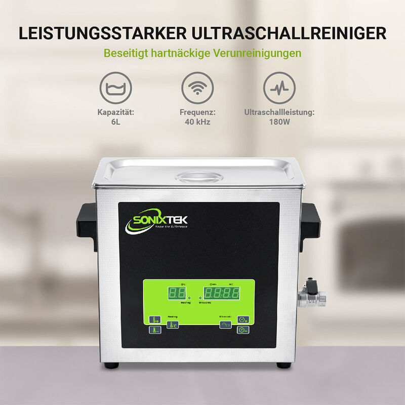 Sonixtek Digitaler Ultraschallreiniger 6L Professionelle  Ultraschallreinigung 180W für Schmuck, Brillen, Uhren, Münzen, Zahnersatz  und Werkzeuge mit 300W Heizleistung