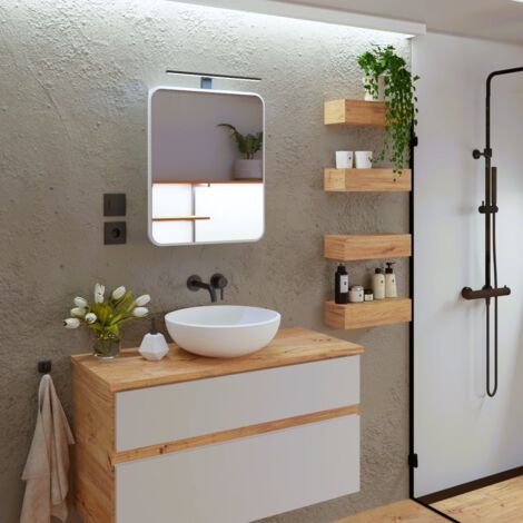 Armoire miroir avec LED noire, armoire de salle de bain, éclairage LED, blanc, miroir avec étagères (1/5)