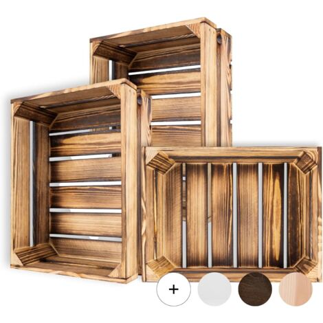 3 x Caisse de Rangement Vintage en Bois Flammé - 40 x 30 x 15 cm
