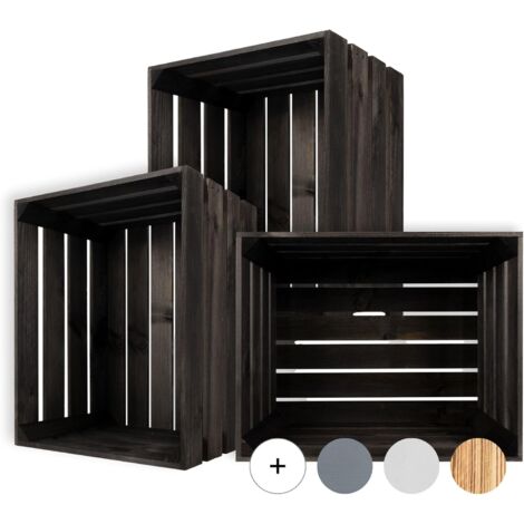 3 x Caisse de Rangement Vintage en Bois Noir - 50 x 40 x 30 cm