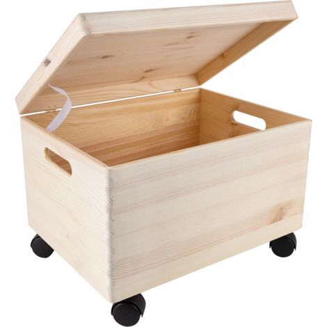 Boîte de rangement en bois avec couvercle et roulettes – Dimensions 40 x 30 x 24 cm – Fabriquée en bois de pin durable – Roulettes pour déplacement facile