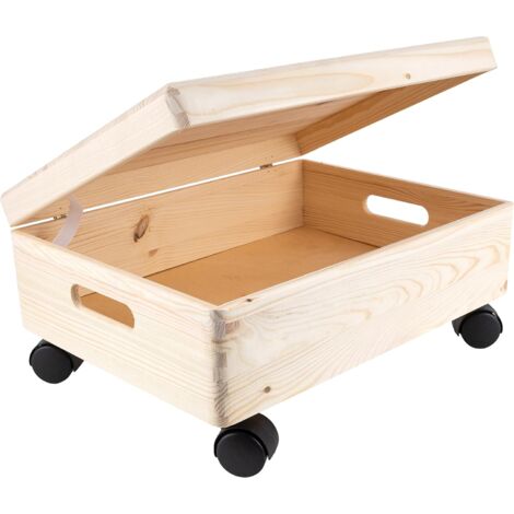 Boîte de Rangement en Bois avec Couvercle et Roulettes 40 x 30 x 14 cm