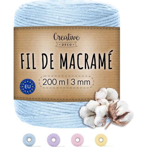 200m Corde Macramé 3mm Fil en Coton et Polyester Bleu Pastel