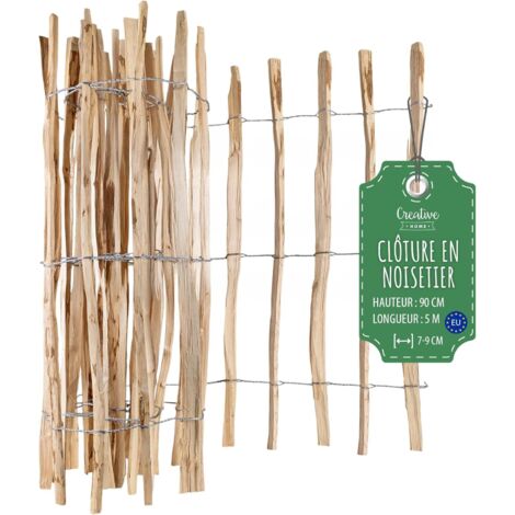 Clôture en bois de noisetier 90 cm x 5 m – Espacement lattes 7-9 cm – Résistante aux intempéries – Installation facile en rouleau