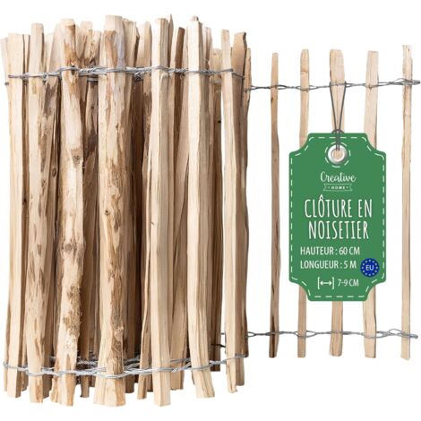 Clôture en bois de noisetier 60 cm x 5 m – Espacement lattes 7-9 cm – Résistante aux intempéries – Installation facile sans outils