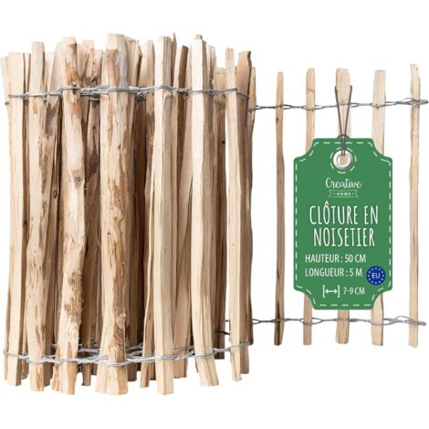 Clôture en bois de noisetier 50 cm x 5 m – Espacement lattes 7-9 cm – Résistante aux intempéries – Installation facile en rouleau