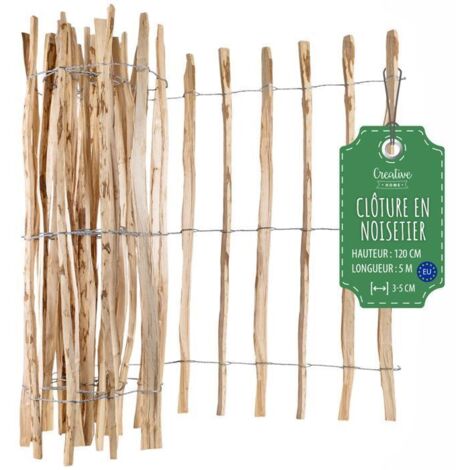 Clôture en bois de noisetier 120 cm x 5 m – Espacement lattes 3-5 cm – Résistante aux intempéries – Installation facile sans outils