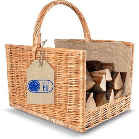 Panier à bois en osier 50 x 34 x 50 cm – Capacité 15 kg – Léger et durable pour transport facile – Fabrication artisanale