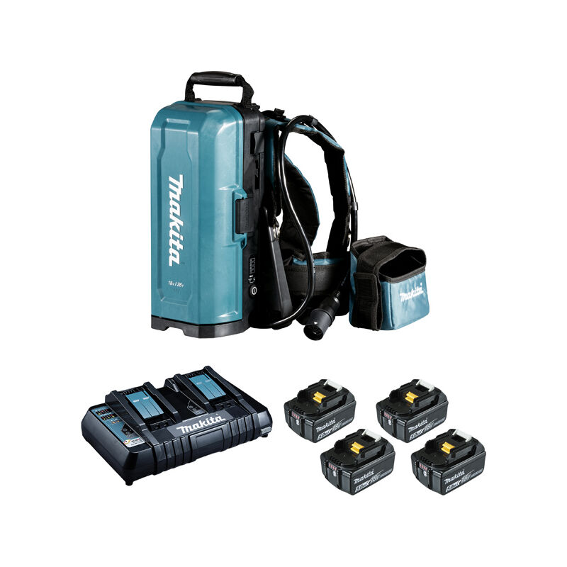 MAKITA Rückenstütze mit 4 Akkus 5Ah BL1850B + Doppelladegerät 191C783