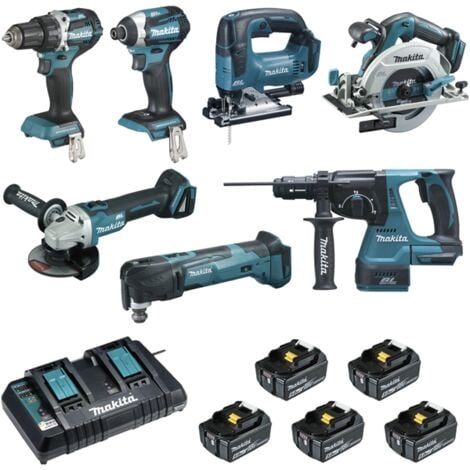 Packung mit 7 MAKITA 18V DLX7014PTJ Maschinen (DDF484+DTD154 +DGA506+DHR243 +DTM51+DJV182 +DHS680 + 5x5,0Ah + DC18RD + 2xMAKPAC 2 +MAKPAC 3 + 2xMAKPAC 4)