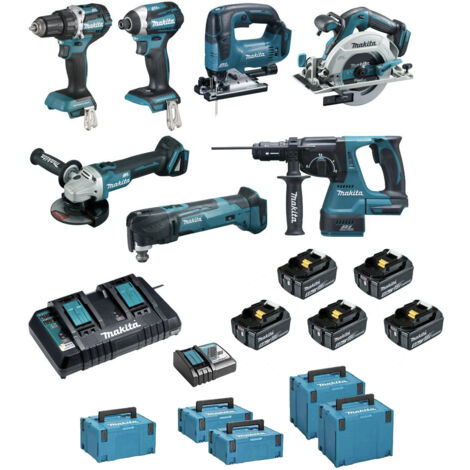 Packung mit 7 MAKITA 18V DLX7014PTJ Maschinen (DDF484+DTD154 +DGA506+DHR243 +DTM51+DJV182 +DHS680 + 5x5,0Ah + DC18RD + 2xMAKPAC 2 +MAKPAC 3 + 2xMAKPAC 4)