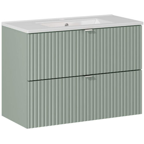 Composizione Bagno 4 Pezzi Venere – Mobile Con Lavabo, Specchio E Luce LED – Verde Salvia, 81×46,5×190 Cm