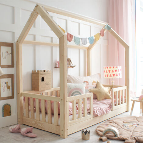 Letto a capanna 90x190 con barriere e base, gambe 1 cm Daisy Bois (1/4)