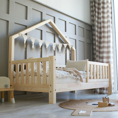 Letto Montessori Casetta 190x100cm - Legno Naturale, Con Barriera E Piedini Regolabili - Foto 6