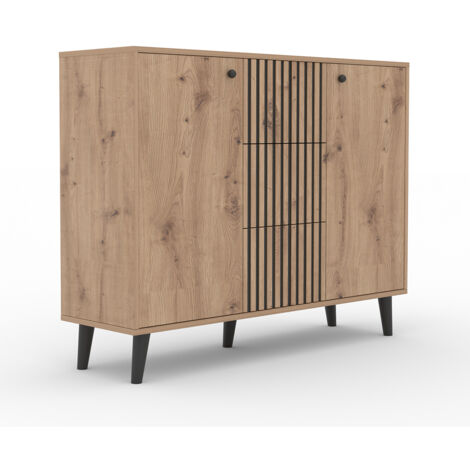 Credenza 2 Ante 3 Cassetti Moderna Contemporanea Color Bianco e Rovere